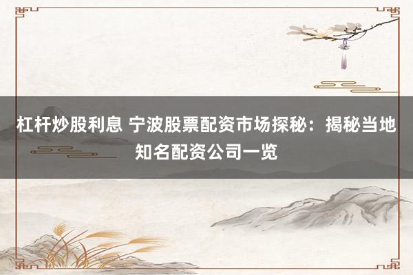 杠桿炒股利息 寧波股票配資市場(chǎng)探秘：揭秘當(dāng)?shù)刂滟Y公司一覽